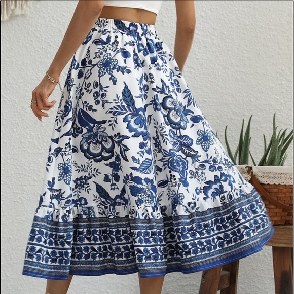 Boho Floral Print High Waist Maxi Skirt White Blue Cottagecore - Picture 3 of 6